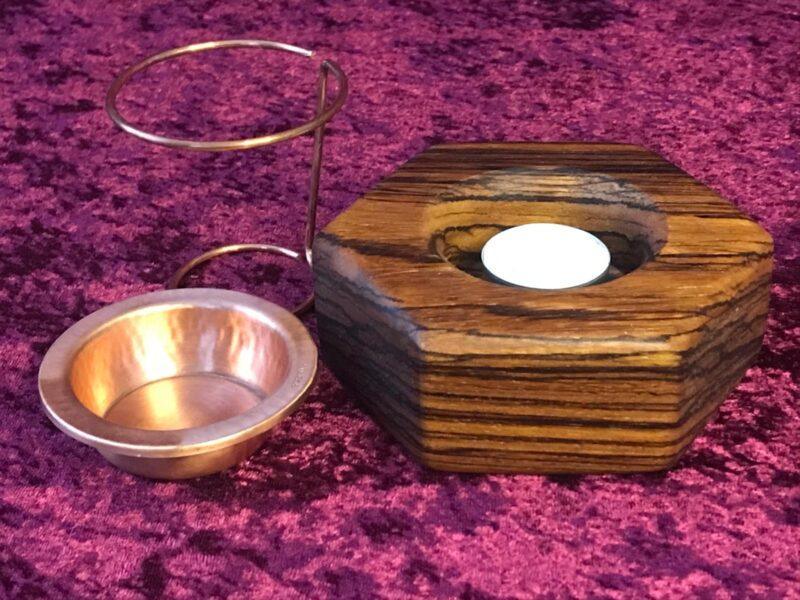 Diffusore esagonale per olii essenziali in legno zebrano e coppa in rame, 1 pz - immagine 3