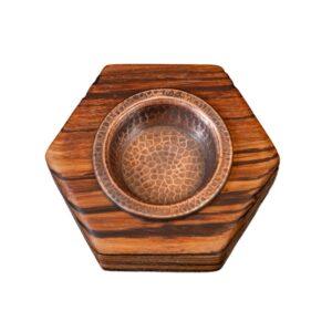 Hexagonal incense burner in zebrano wood and a burnished copper cup, 1 pc