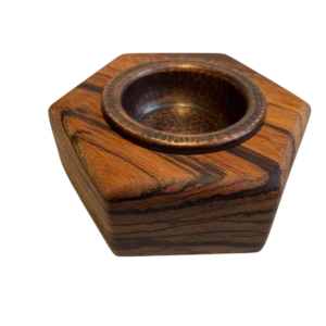 Hexagonal incense burner in zebrano wood and a burnished copper cup, 1 pc